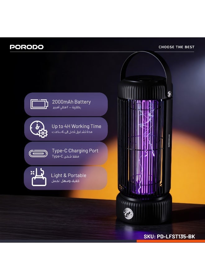 porodo Lifestyle Portable Insect Zapper with 360° Trap & Night Lamp / Built-In UV LED Lamp / Efficient & Non-Toxic / Up to 4 Hours Working  - Black - Image 3